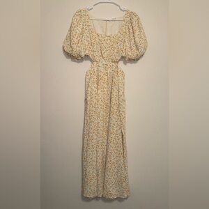 Storia Golden Floral Puff Sleeve Cut Out Maxi Dress with Pockets